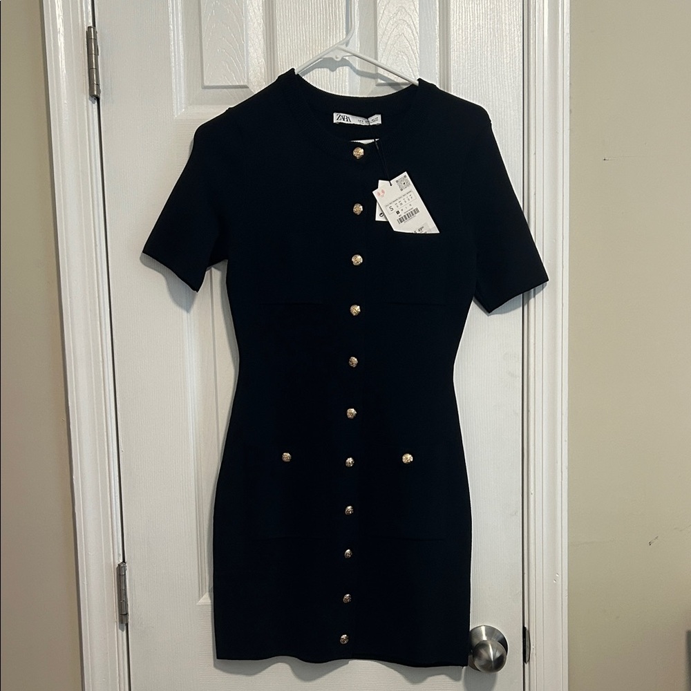 ZARA Dark Navy Mini Dress with Gold Buttons